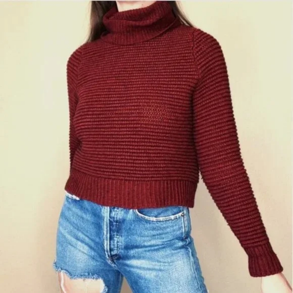 Madewell Side-Button Chunky Knit Turtleneck Wool Blend Cropped Sweater